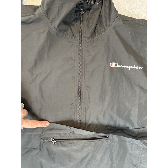 Vintage Black Champion Windbreaker With Hood Quarter Zip With Pockets Large - Picture 14 of 15